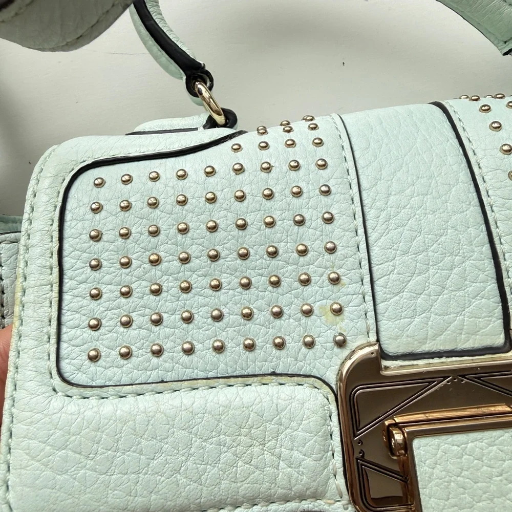 Rebecca Minkoff Studded Leather Crossbody Satchel Bag Mint Blue - Picture 2 of 13